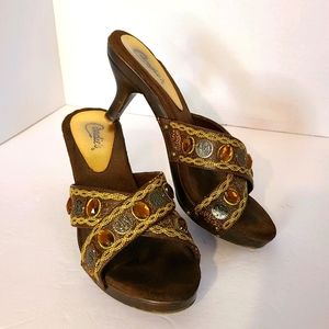Candie's Brown & Gold Beaded Heels, Size 6